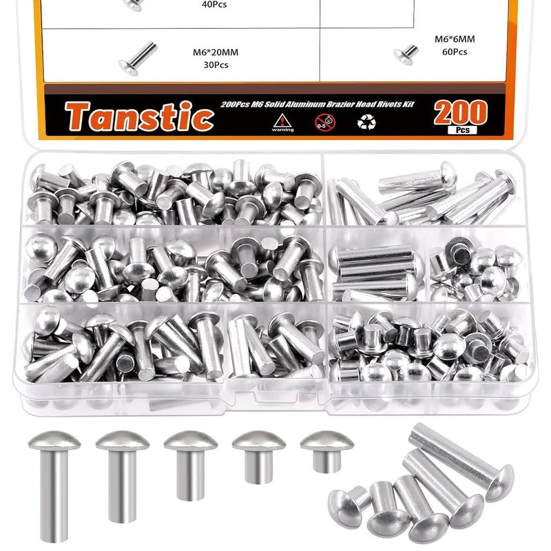 Tanstic 200Pcs M6 Solid Aluminum Brazier Head Rivets, 6mm 10mm 14mm 20mm 25mm Length Solid Aluminum Rivets for Machinery Automobile Industry - Image 1